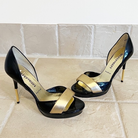 Bruno Frisoni d’orsay patent leather black & gold open toe stiletto heels 38 7.5 - Picture 8 of 10